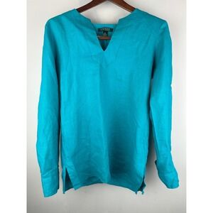 Lauren Ralph‎ Lauren Turquoise Linen V-Neck Tunic Long Sleeve Top Shirt Size S